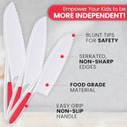 Zulay Kitchen 3-Piece Kids Knife Set for Real Cooking & Baking - Toddler Knives for Cutting Fruits, Veggies, & Cake - Children’s Montessori Knive with Serrated Edges - Safe & Fun Lettuce Knife (Red)