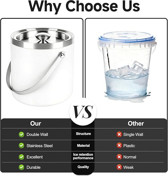 3L Double-Wall Insulated Stainless Steel White Ice Bucket with Scoop for Cocktail Bar - Metal Ice Bucket for Freezer with Lid for Parties,Camping,and More!Champagne Bucket,bar cart Accessories
