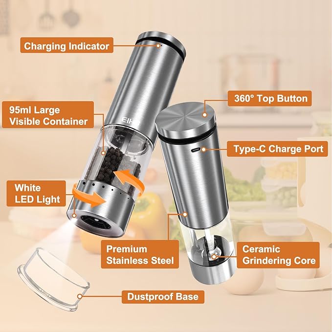 Electric Salt and Pepper Grinder Set Rechargeable, Automatic Salt and Pepper Shakers Mills External Adjustable Coarseness, Kitchen Gadgets, Stocking Stuffers Christmas Cooking Gifts for Men Women