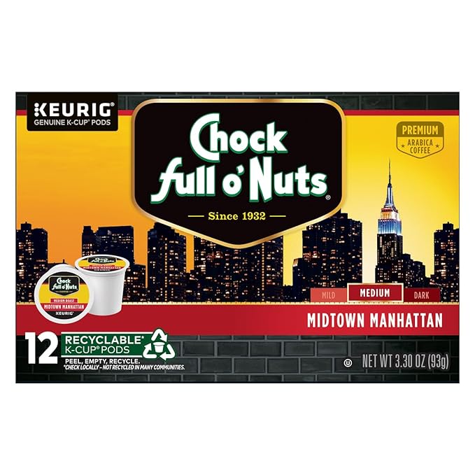 Chock Full o' Nuts Midtown Manhattan Keurig K-Cup Pods for Keurig Brewers – Premium Arabica, Medium Roast – Single Serve – 6 Packs of 12 K-Cup Pods