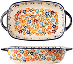Colorful Cherry Blossom Flowers Vintage Style Ceramic Bakeware Dish Casserole Dish Baking Pan Lasagna Pans with Handles for Oven/Cooking/Kitchen, 1 PCS, 60 oz