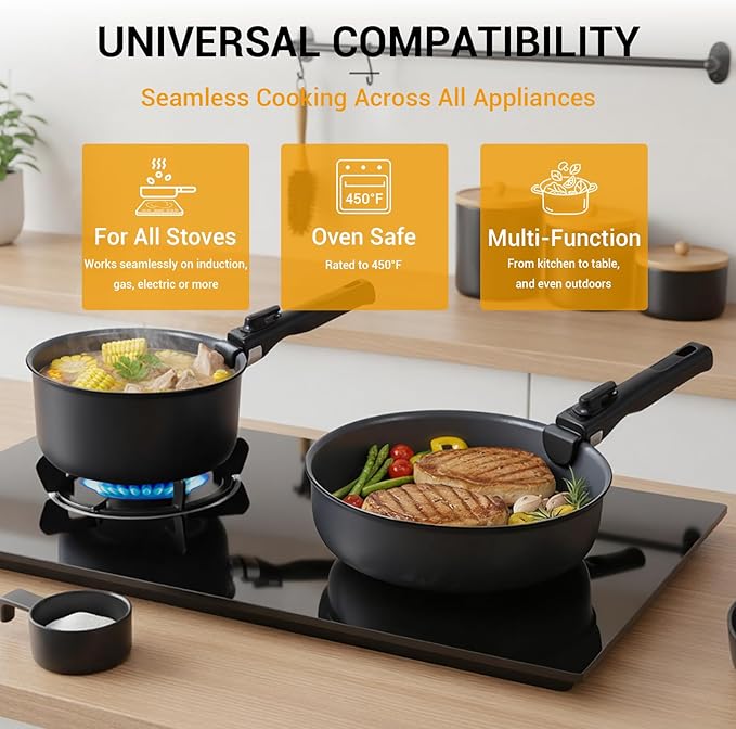 Ammeloo 18 Pcs Ceramic Pots and Pans Set Non Stick Kitchen Cookware Set with Detachable Handle, Non Toxic Cooking Set with Removable Handle for RVs, Camping, Fridge, Dishwasher/Oven Safe