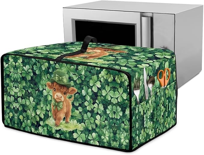 Highland Cow Four Leaf Clover Print Toaster Oven Cover Microwave Cover for Kitchen Countertop Appliance Dust Protector Decorative Oven Accessories for St. Patrick's Day Decor, Green, L