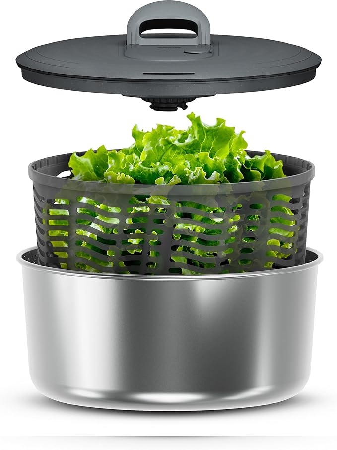 Zyliss Easy Spin Salad Spinner - Fruit & Veggie Dryer - Produce Spinner & Cleaner for Salad Prep - Dishwasher-Safe Kitchen Essential - Non-Slip Bowl with Pull Handle - New Stainless Easy Spin Small