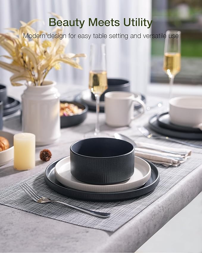 Famiware Star 24-Piece Reactive Glaze Plates and Bowls Sets, Service for 8 - Stoneware Dinnerware Set, High Edge Ribbed Dishes, Chip & Scratch Resistant, Microwave & Dishwasher Safe, White & Black