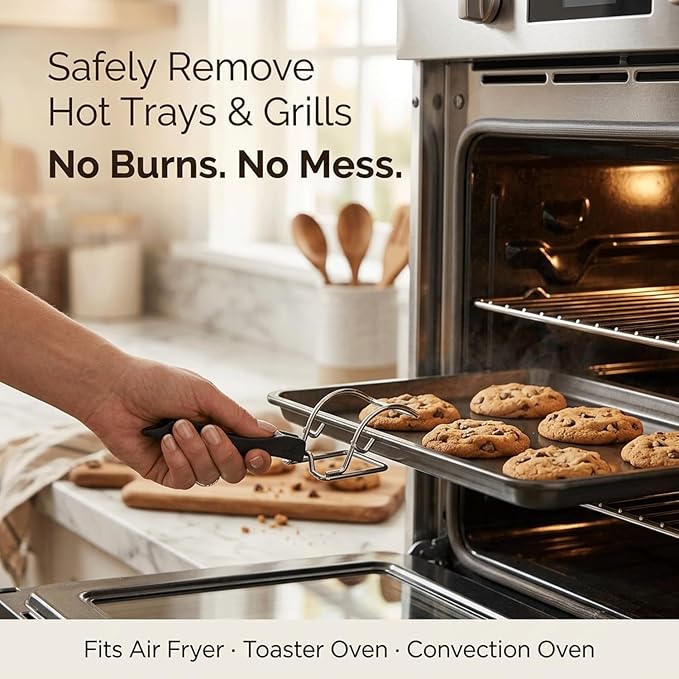 2 Pcs Air Fryer Convection Toaster Oven Tray Extractor, Oven Rack Pull Tool, Grills Extractor Clip with Ergonomic Handle, Heat Resistant Oven Tray Handle for Quickly Removing Trays and Grills