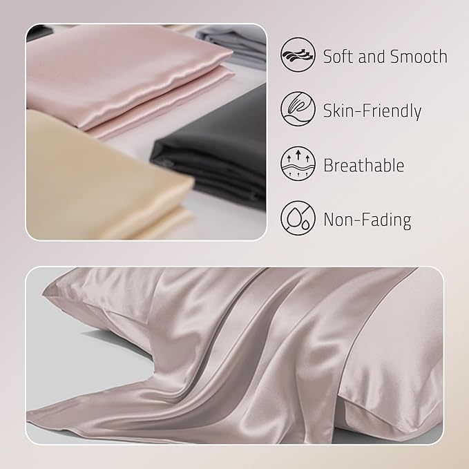 Mulberry Silk Pillowcase for Hair and Skin Prevent Acne Pillow Cases Both Sides Real Silk Pillowcases Organic Silk Pillowcase with Hidden Zipper, Apricot Grey, King (20"×36")
