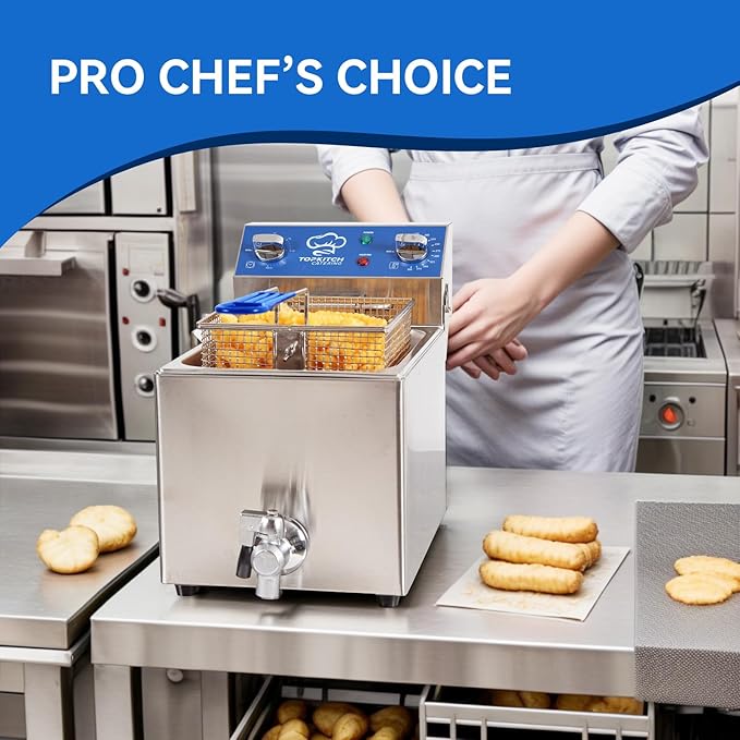 TOPKITCH 6.3Qt Electric Fryer with Oil Drain,30 Minutes Timer,Stretch forming oil tank,Lid and Solid Wire Mesh Basket,Light Duty Commercial Electric Countertop Deep Fryers-120V,1800W
