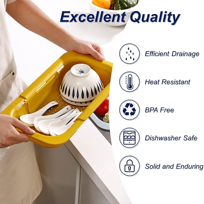 Extendable Sink Colander Strainer Basket - Wash Vegetables and Fruits, Drain Cooked Pasta and Dry Dishes - Adjustable Over the Sink Colander Collapsible Drainer Basket - Yellow