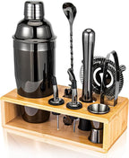 Black Cocktail Shaker Set, Premium 18/8 Stainless Steel Mixology Bartender Kit with Stylish Bamboo Stand 10-Piece Bar Tools & Accessories for Home Bar for Men, Dad, Husband