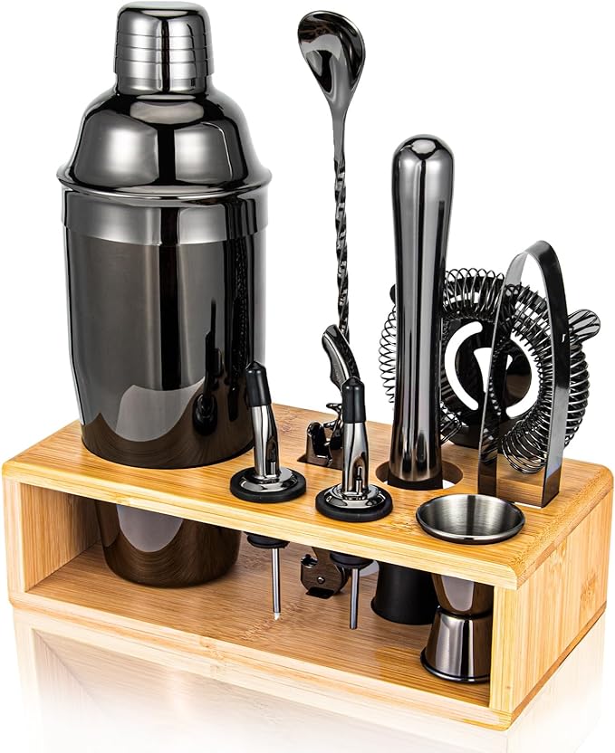 Black Cocktail Shaker Set, Premium 18/8 Stainless Steel Mixology Bartender Kit with Stylish Bamboo Stand 10-Piece Bar Tools & Accessories for Home Bar for Men, Dad, Husband