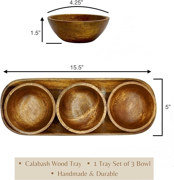 Acacia Wooden Calabash Bowls with Baguette Tray, 4-Piece Set: Three 4.25" Dip Bowls and 13.5" Bread Tray, Rustic Handcrafted Appetizer & Condiment Set