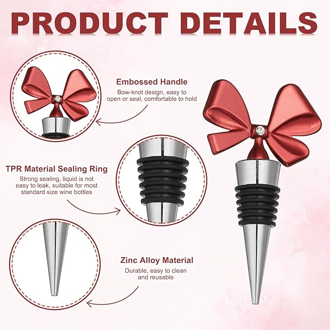 uxcell 2 Pcs Bow Wine Stopper, Reusable Wine Stoppers Airtight Leak-proof Bottle Plugs Liquor Saver Beer Beverage Glass Bottles Stopper for Bar Holiday Party Home Decor, Silver-Red