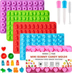 WARM TIME Gummy Bear Candy Molds Silicone, Mini Gummy Molds with 2 Droppers & 1 Cleaning Brush, Food Grade Non-Stick Silicone Molds Including Heart, Dinosaur, Bear, Donut, and Fruit, Set of 5