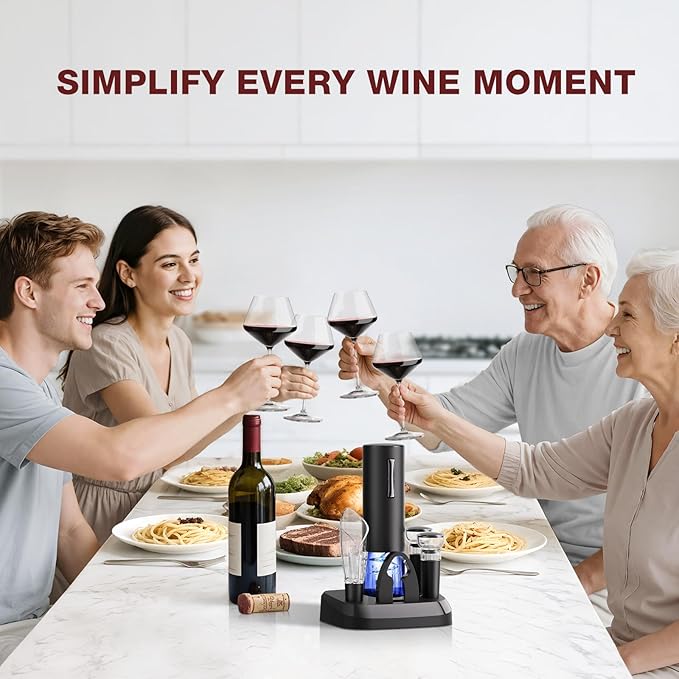 Electric Wine Opener Set, 7-in-1 Wine Gift Set with Charging Base, Foil Cutter, Aerator Pourer, 2 Vacuum Stoppers, Automatic Corkscrew, Wine Saver Kit, Holiday Christmas Gift for Men & Women