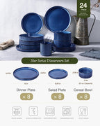 Famiware Star 24-Piece Plates and Bowls Set with Trim, Service for 8 - Stoneware Reactive Glaze Dinnerware, High Edge Ribbed Dishes, Chip & Scratch Resistant, Microwave & Dishwasher Safe, Nebulas Blue