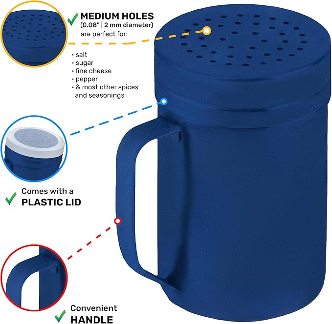 CUSINIUM 14oz Navy Blue Stainless Steel Salt Pepper Dredge Shakers - With Plastic Cap - With Handle - Pack of 2