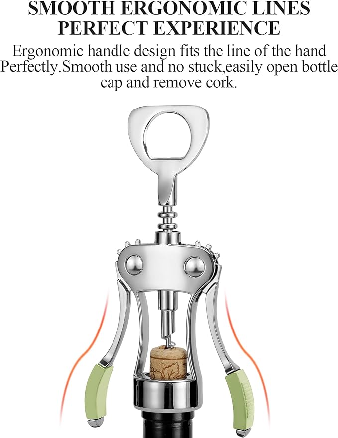 KORCCI Wine Opener, Heavy-Duty Zinc Alloy Wing Corkscrew, Premium Beer Bottle Opener, Multifunctional Wine Accessories with Ergonomic Handle and Sharp Screw, for Kitchen, Bar, Restaurant (GREEN)