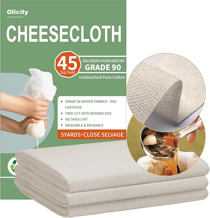 Olicity Cheese Cloths, Grade 90, 45 Sq Feet, Reusable Cheese Cloth with Closed Edges Unbleached Cotton Cheesecloth for Straining, Fine Mesh Fabric Muslin Cloth for Cooking, Baking, Milk,Crafts-5 Yards