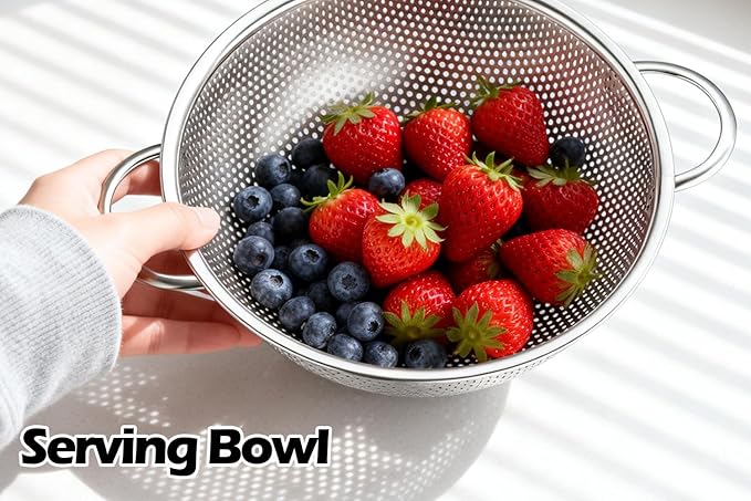 Leonyo Stainless Steel Colander for Kitchen, Micro-Perforated Metal Strainer with Handles for Draining Pasta, Strainers and Colanders Set of 3(1-3-5Quart) for Rinsing, Steaming, Dishwasher Safe