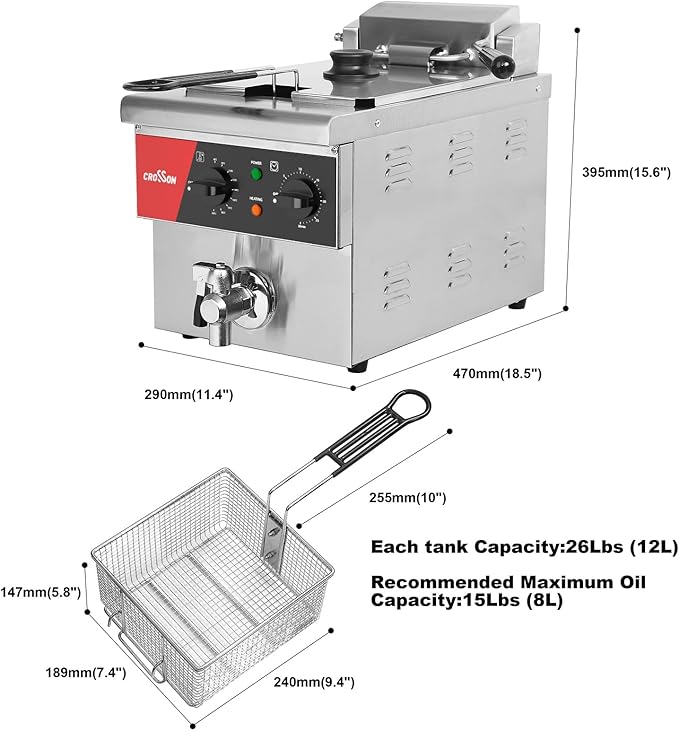 CROSSON 8L Countertop Electric Deep Fryer with Draining Valve,Solid Basket and Lid for Restaurant Use 120V,1800W Stainless Steel Commercial Deep Fryer