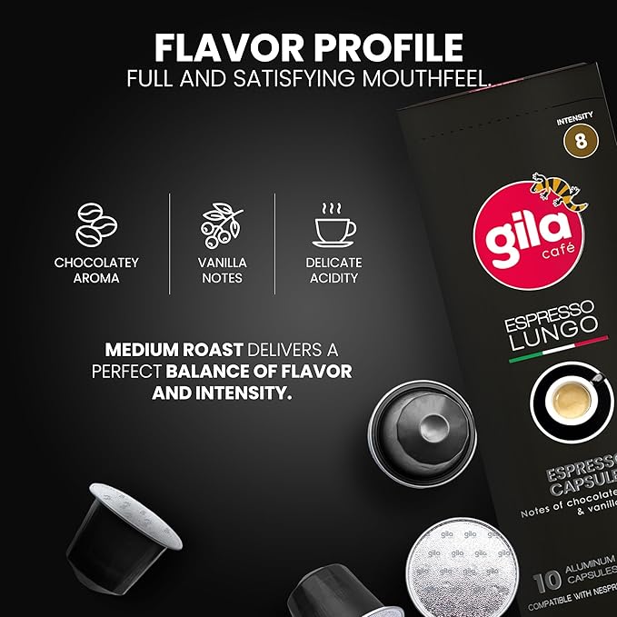 GILA Café Espresso Lungo Aluminum Coffee Capsules – Medium Roast Coffee Pods Compatible with Nespresso Original Machines – 100% Mexican Arabica with Hazelnut & Vanilla Notes, 60 Count