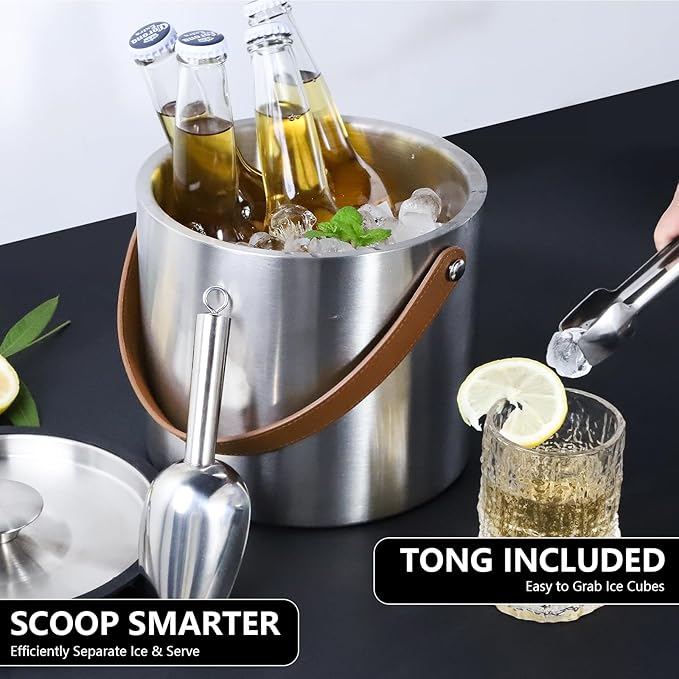 Bakpoco 4L Ice Bucket with Lid, Scoop,Tongs & Strainer, Stainless Steel Double Wall Insulated Ice Buckets for Parties & Cocktail Bar, Large Outdoor Champagne Ice Container, Light Brown Handle