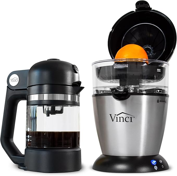 Vinci Breakfast Beverage Bundle: Hands-Free Electric Citrus Juicer & Micro Cafe K-Cup Brewer – Automatic Orange Squeezer Machine Plus Compact Single Serve Coffee Maker perfect for Coffee & Juice