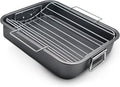 Roasting Pan With Rack 11" x 15" - Non Stick Large Roaster Pan and V-rack with foldable handles - Roasting Pans for Ovens to Elevate Food for Even Heating - Dishwasher Safe Turkey Roast Pot