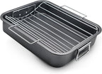 Roasting Pan With Rack 11" x 15" - Non Stick Large Roaster Pan and V-rack with foldable handles - Roasting Pans for Ovens to Elevate Food for Even Heating - Dishwasher Safe Turkey Roast Pot