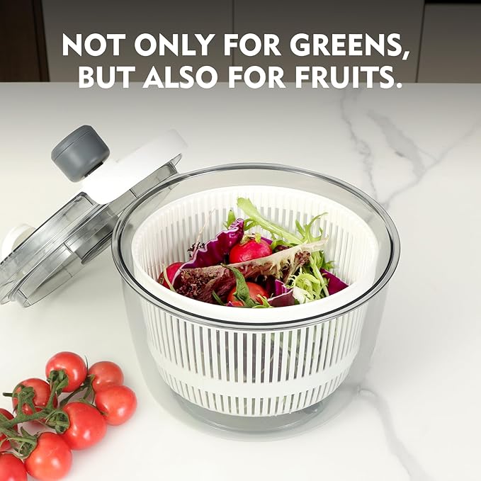Ourokhome Salad Spinner Lettuce Dryer, Hand-crank Rotary Vegetable Dryer Veggie Washer with Transparent Bowl and Colander for Greens, Herb, Berry, Fruits, Macaroni, 2.8 QT, White