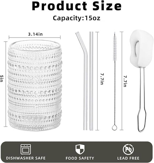 15 oz Clear Hobnail Drinking Glasses with Straws Set of 6, Vintage Glassware Old Fashioned Beverage Glasses, Cocktail Drinking Glassware Set, Kitchen Water Glasses Cup, for Beer, Smoothie, Juice