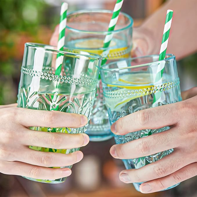 CREATIVELAND Colored Vintage Drinking Glasses Set of 4, 15.5 oz Romantic Embossed Water Glasses, Colored Tumblers Tempered Glass for Juice, Beverages, Beer, Cocktail