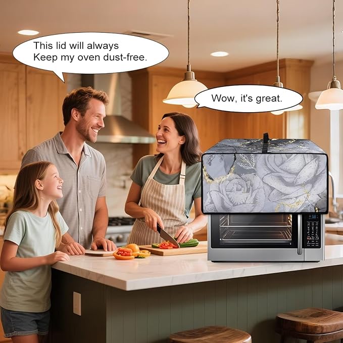 Marble Rose Flower Print Toaster Oven Cover, Stain-Resistant Air Fryer Cover with Storage Pocket, Kitchen Decorative Oven Protector, Black Grey Gold, (Medium-16.1*19.71*10 inches)