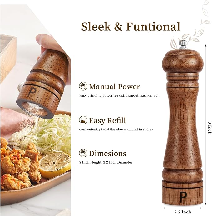 Wooden Salt and Pepper Grinder Set Refillable Salt & Pepper Mills Adjust for Coarseness, Crafted of Solid Oak Wood with Ceramic Stainless Steel Core, 8 Inches - 2 Packs