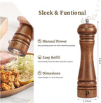 Wooden Salt and Pepper Grinder Set Refillable Salt & Pepper Mills Adjust for Coarseness, Crafted of Solid Oak Wood with Ceramic Stainless Steel Core, 8 Inches - 2 Packs