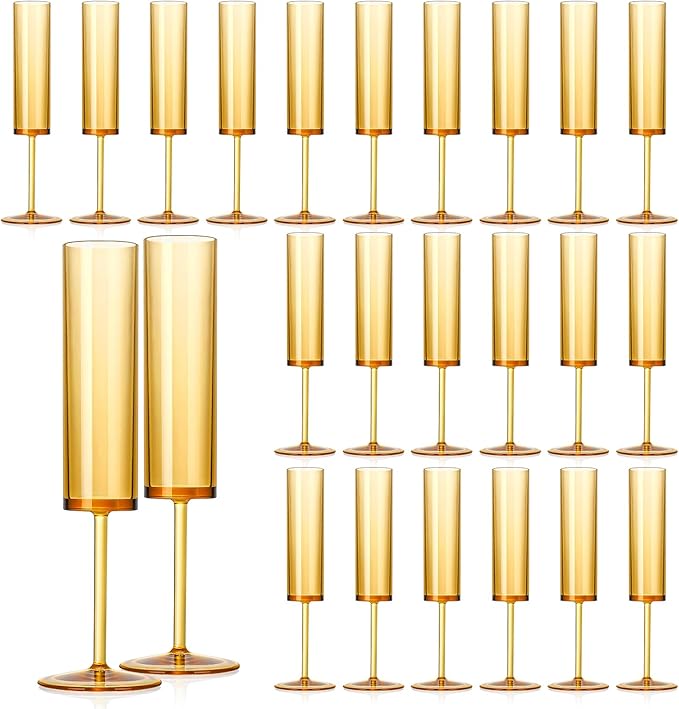 24 PCS Amber Champagne Flutes Plastic 5.4 Oz Acrylic Champagne Glasses Mimosa Flutes Glass Colored Sparkling Wine Glass Reusable Amber Toasting Glasses for Weddings Party Bar Birthday Use