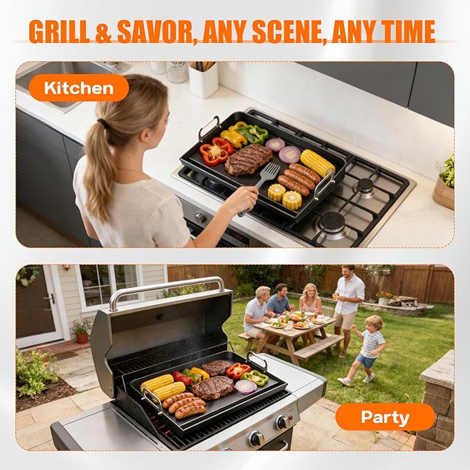 23" x 16" Cast Iron Nonstick Grill Griddle for Gas & Charcoal Grills, Flat Top BBQ Griddle Plate with Grease Groove & Removable Handle, Universal Fit for Outdoor & Home Cooking, Tailgating