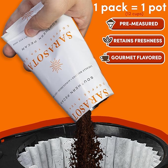 Butter Pecan Coffee Packs – Southern Texas Flavored Ground Coffee Packets | Gourmet Medium Roast, Low Acid, Mold Free | Pre-Measured 2.5 oz Single-Pot Fractional Packs for 12 Cup Brewers, 36 Count – Sarasota Coffee