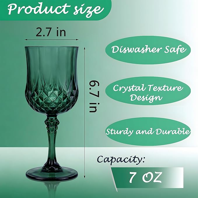 Plastic Wine Glasses, Plastic Goblets Vintage Style Cordial Unbreakable Drinking Glasses, Reusable Drinkware for Wedding Reception, Grand Event Party Supplies (12, Green)