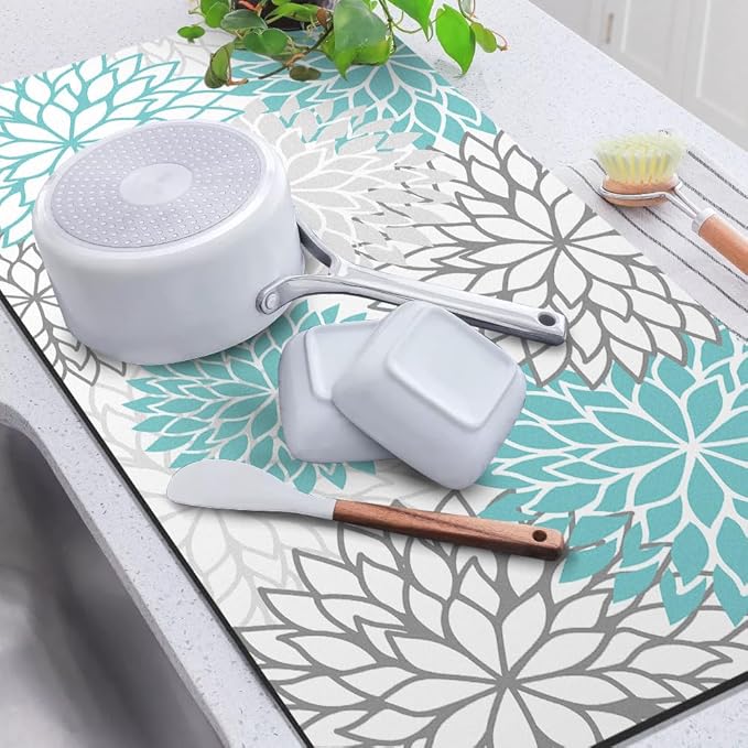 Findosom 2PCS 16" x 24" Dish Drying Mat & 24" x 5.5" Sink Splash Guard, Super Absorbent & Cuttable Dish Mat Drying Kitchen Mat with Teal Floral, Hide Stain Drying Mat for Kitchen Counter