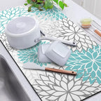 Findosom 2PCS 16" x 24" Dish Drying Mat & 24" x 5.5" Sink Splash Guard, Super Absorbent & Cuttable Dish Mat Drying Kitchen Mat with Teal Floral, Hide Stain Drying Mat for Kitchen Counter