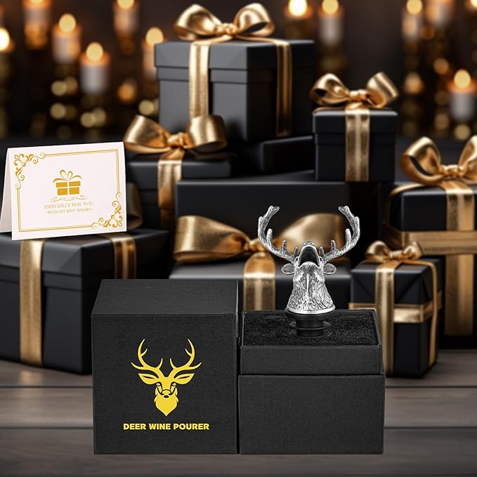 LKKCHER Deer Head Wine Bottle Pourer and Stopper Birthday Gifts Hunting Gifts for Hunters Men Dad Liquor Bottle Pourers Spout for Alcohol Spirits, Stag Gifts Wine Gifts, Dark Silver