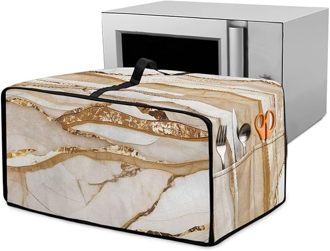 Marble Print Toaster Oven Cover, Heavy-Duty Dust Shield Kitchen Decorative Countertop Oven Protector, Microwave Air Fryer Cover, Light Gold White, (Medium-16.1*19.71*10 inches)