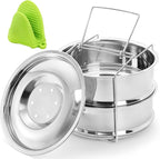 WUWEOT Stackable Steamer Insert Pans, 7.8 Inches Stainless Steel Pot-in-Pot Baking Pan, 2 Tier Pressure Cooker Accessories with Sling Handle and Silicone Gloves for Instant Pot