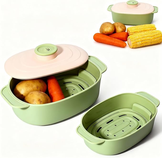 44oz Microwave-Safe Silicone Steamer Bowl with Handle & Lid,9.8x5.7x4in Large BPA-Free Steamer with Removable Rack, Rotating Steam Vent, Freezer & Dishwasher Safe, Ideal for Vegetables, Fish Cooking
