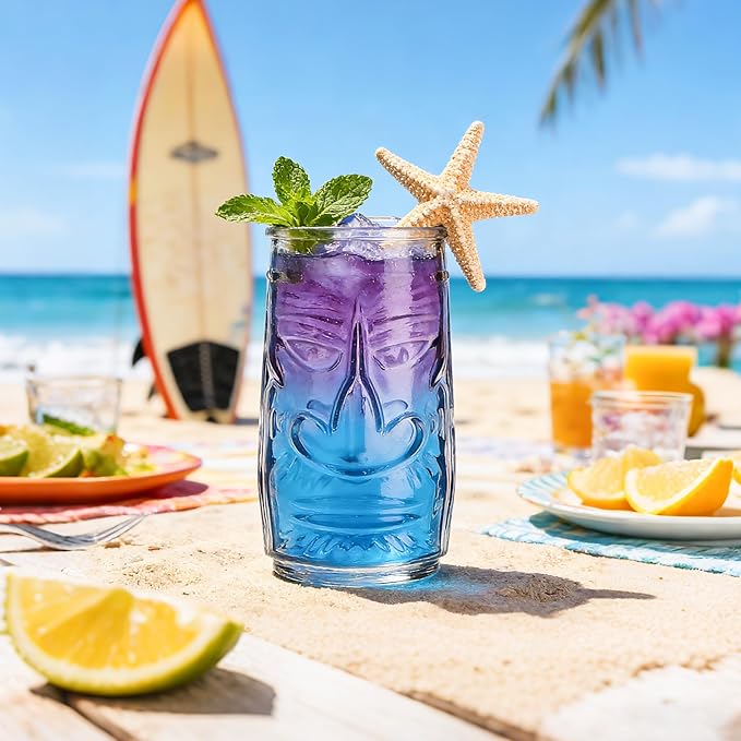 Tiki Glasses Set of 6 - Highball Glasses - 17 oz Cocktail Water Glass for Tropical Bar - Hawaiian Party Drinking Glass