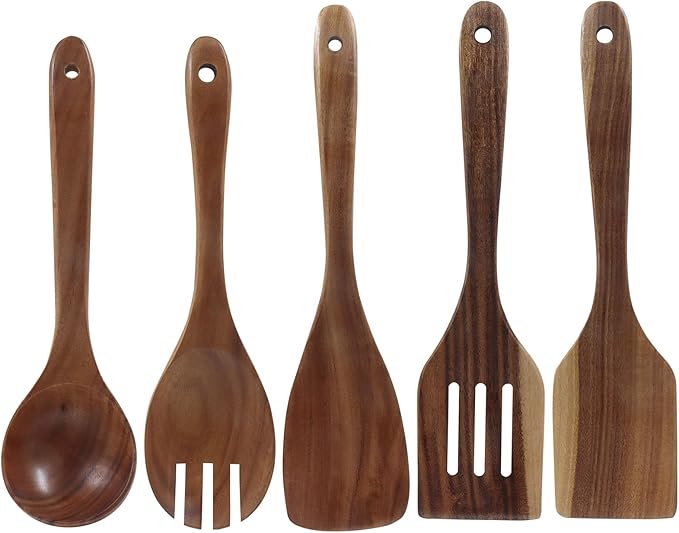 5 Pcs Natural Teak Wood Spatulas, Nonstick Wooden Spoons Premium Cooking Utensils, Heat Resistant Kitchen Utensil Set for Nonstick Cookware/Cooking Gifts