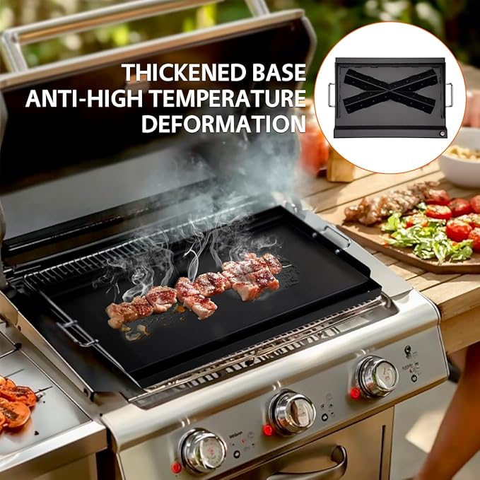 LotFun 25" x 16" Carbon Steel Cooking Griddle for Outdoor Gas Grill, Universal Griddle Flat Top Plate Insert with Grease Groove and Removable Handles for Electric/Charcoal/Gas Grill, Camping,Party