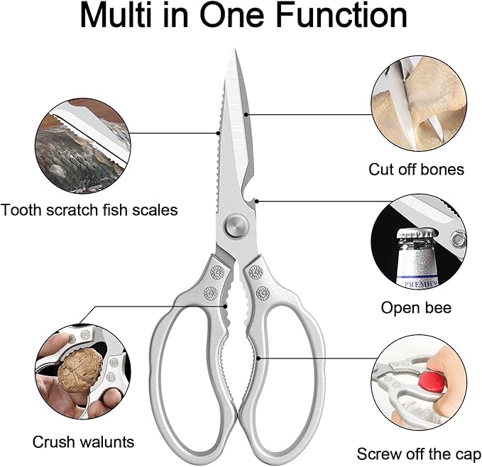 CGBE Kitchen Scissors, Multi-Purpose Kitchen Shears, Heavy Duty Dishwasher Safe Food Scissors for Chicken, Poultry, Fish, Meat & Herbs with Non-Slip Grips - Sliver